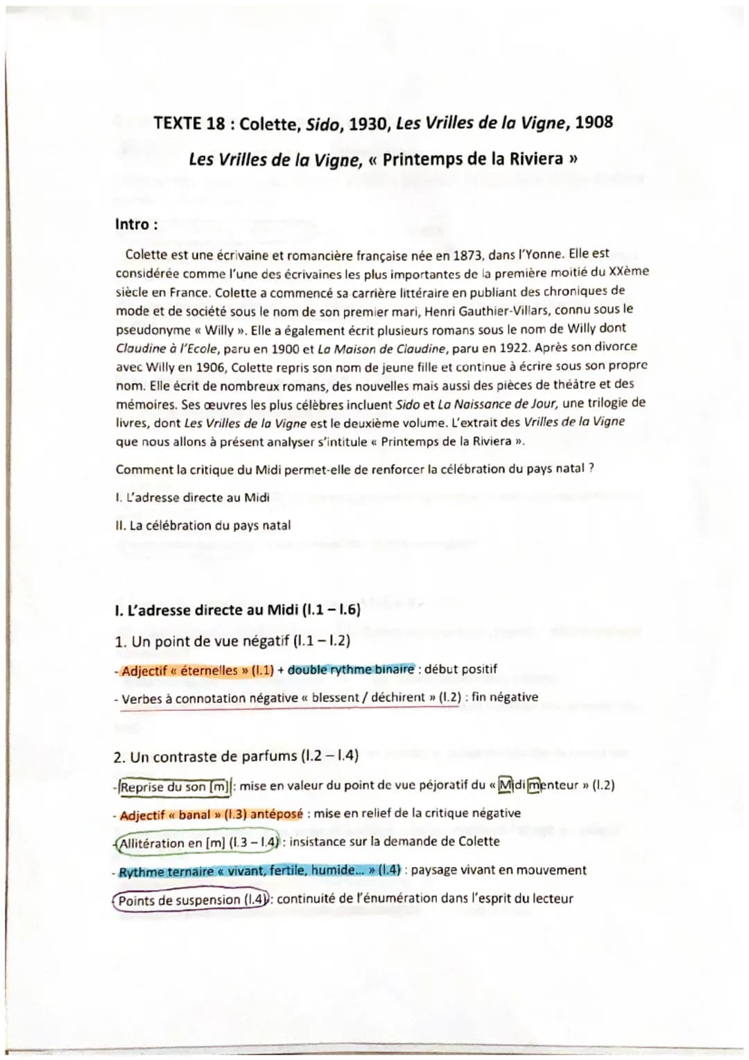 TEXTE 18: Colette, Sido, 1930, Les Vrilles de la Vigne, 1908
Les Vrilles de la Vigne, « Printemps de la Riviera >>
Intro :
Colette est une é