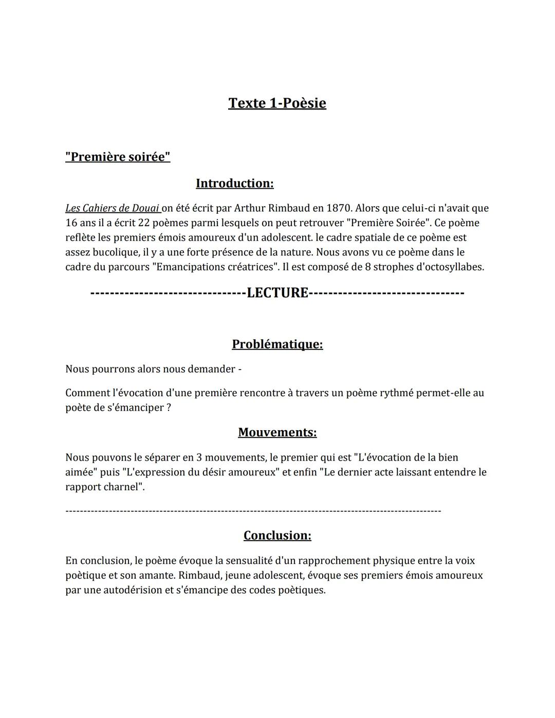 Analyse du poème "Première soirée" d'Arthur Rimbaud - Bac de Français