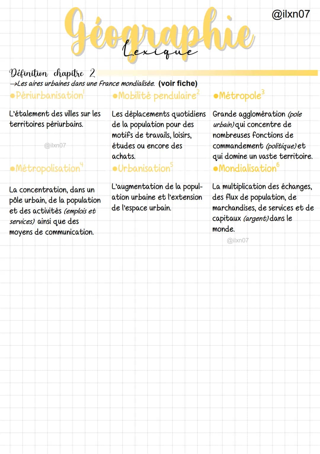 Geographie
Définition chapitre 2
→Les aires urbaines dans une France mondialisée. (voir fiche)
Periurbanisation
L'étalement des villes sur l