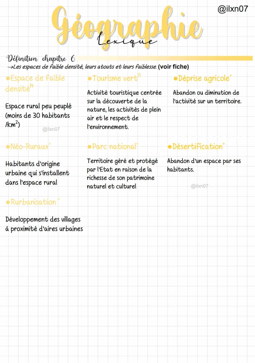Geographie
Définition chapitre 2
→Les aires urbaines dans une France mondialisée. (voir fiche)
Periurbanisation
L'étalement des villes sur l