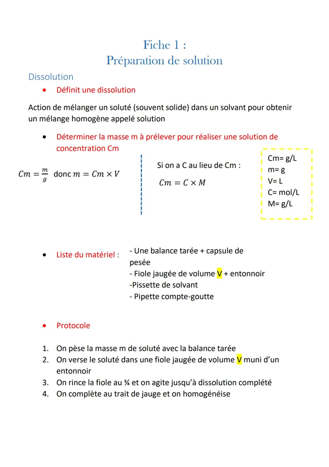 Dissolution
Définit une dissolution
Action de mélanger un soluté (souvent solide) dans un solvant pour obtenir
un mélange homogène appelé so
