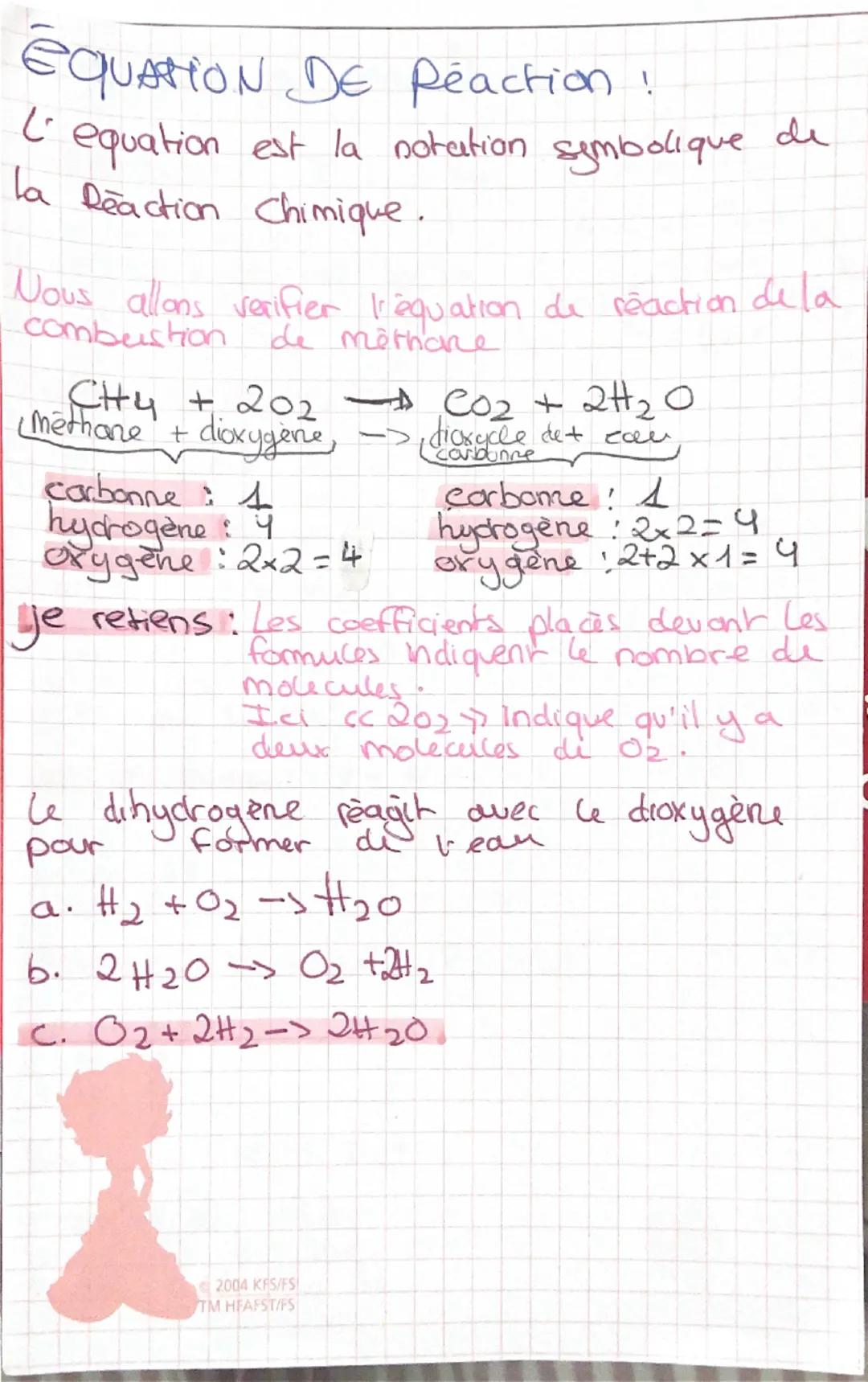 # EQUATION DE Péaction!

L'equation est la notation symbolique de
la Reaction chimique.

Nous allons verifier l'équation de réaction dela
co