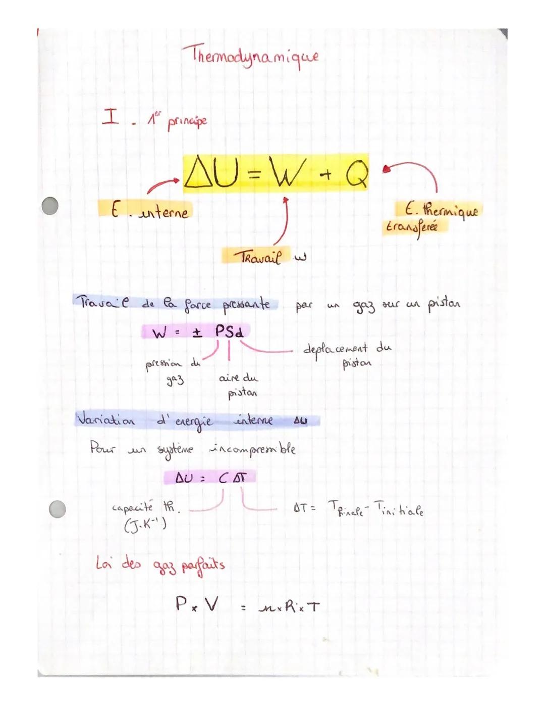 I 1° principe
лег
E. interne
Variation
Pour
امند
Travail de la force pressante.
± PSd
W
Thermodynamique
•AU=W+Q₁
d'
=
pression du
даз
capaci
