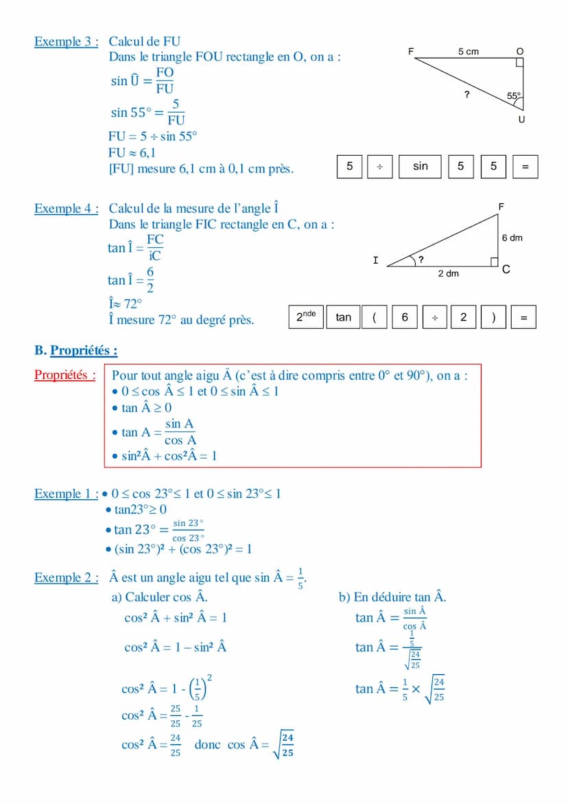 Je dois être capable de :
. Connaître la définition du cosinus, du sinus et de la tangente d'un angle aigu dans un triangle rectangle.
. Sav