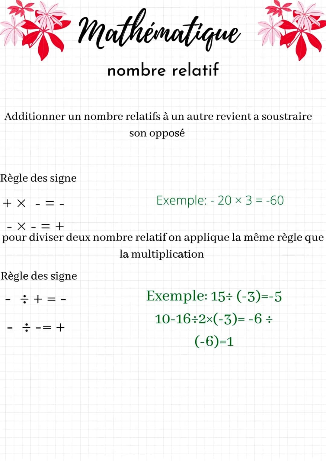 Additionner un nombre relatifs à un autre revient a soustraire
son opposé
Règle des signe
+ X =
-
- X
= +
pour diviser deux nombre relatif o