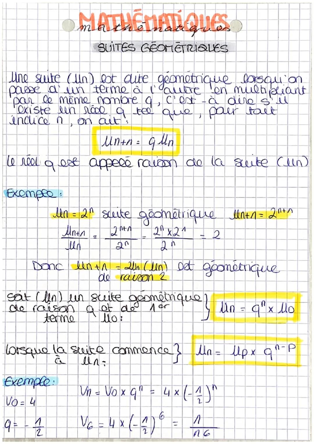 le reel
line suite (un) lot dute geometrique lorsqu'on
passe d' un terme à l'autre en multipliant
par le même nombre q, c'est à dire s'll
ex
