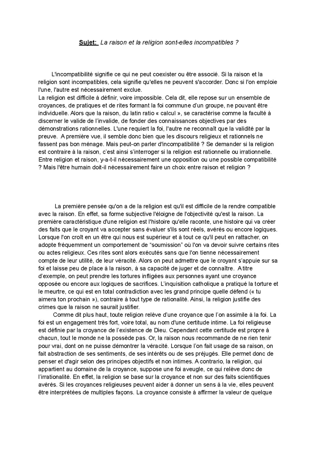 Dissertation sur la Religion et la Raison : Arguments et Inconvénients