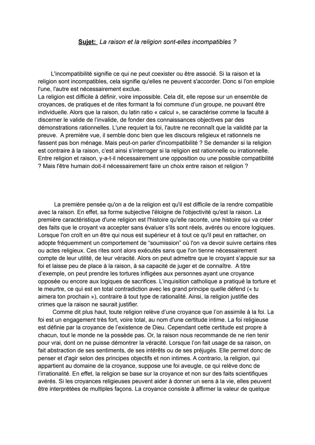 Sujet: La raison et la religion sont-elles incompatibles ?
L'incompatibilité signifie ce qui ne peut coexister ou être associé. Si la raison