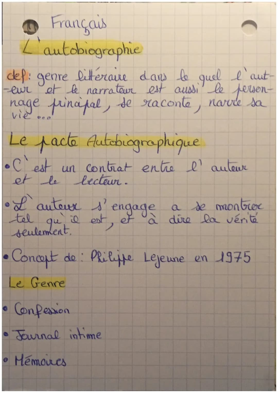 4 Français
L'autobiographie
def: genre littéraire dans le quel I'`aut-
-eur et le narrateur est aussi le person-
nage principal, se raconte,