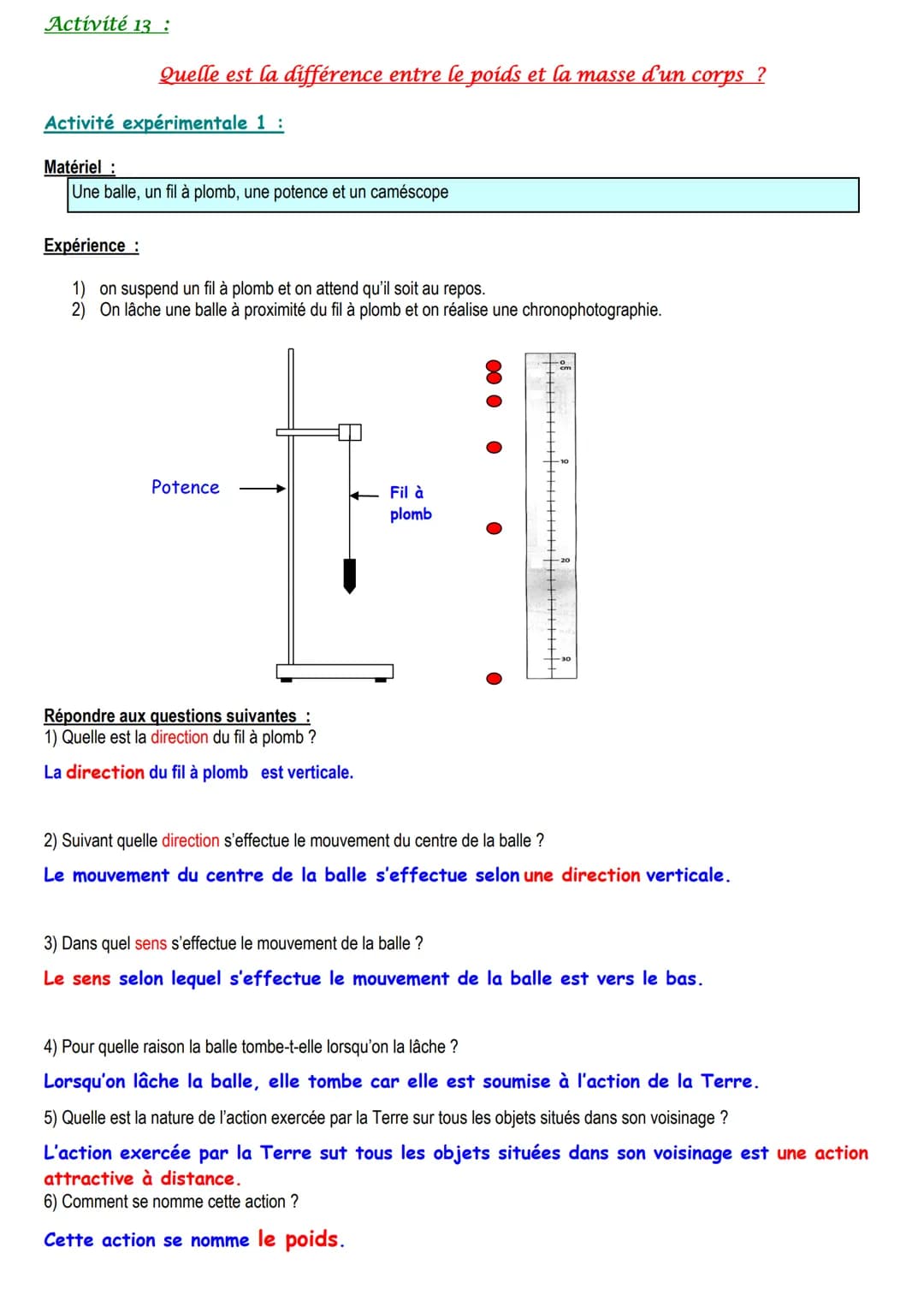 Activité 13:
Quelle est la différence entre le poids et la masse d'un corps ?
Activité expérimentale 1:
Matériel:
Une balle, un fil à plomb,