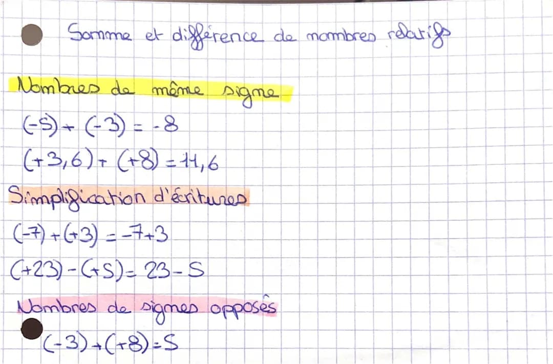 somme et diference de nombre relatif 
