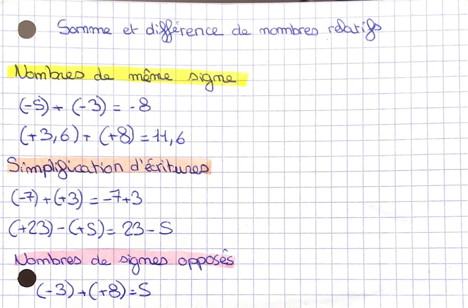 Somme et différence de nombres relatifs
Nombres de même signe
(-s)+(-3)=-8
(+3₁6) + (+8)= 14₁6
Simplification d'écritures.
(-7)+(+3) = 7+3
(