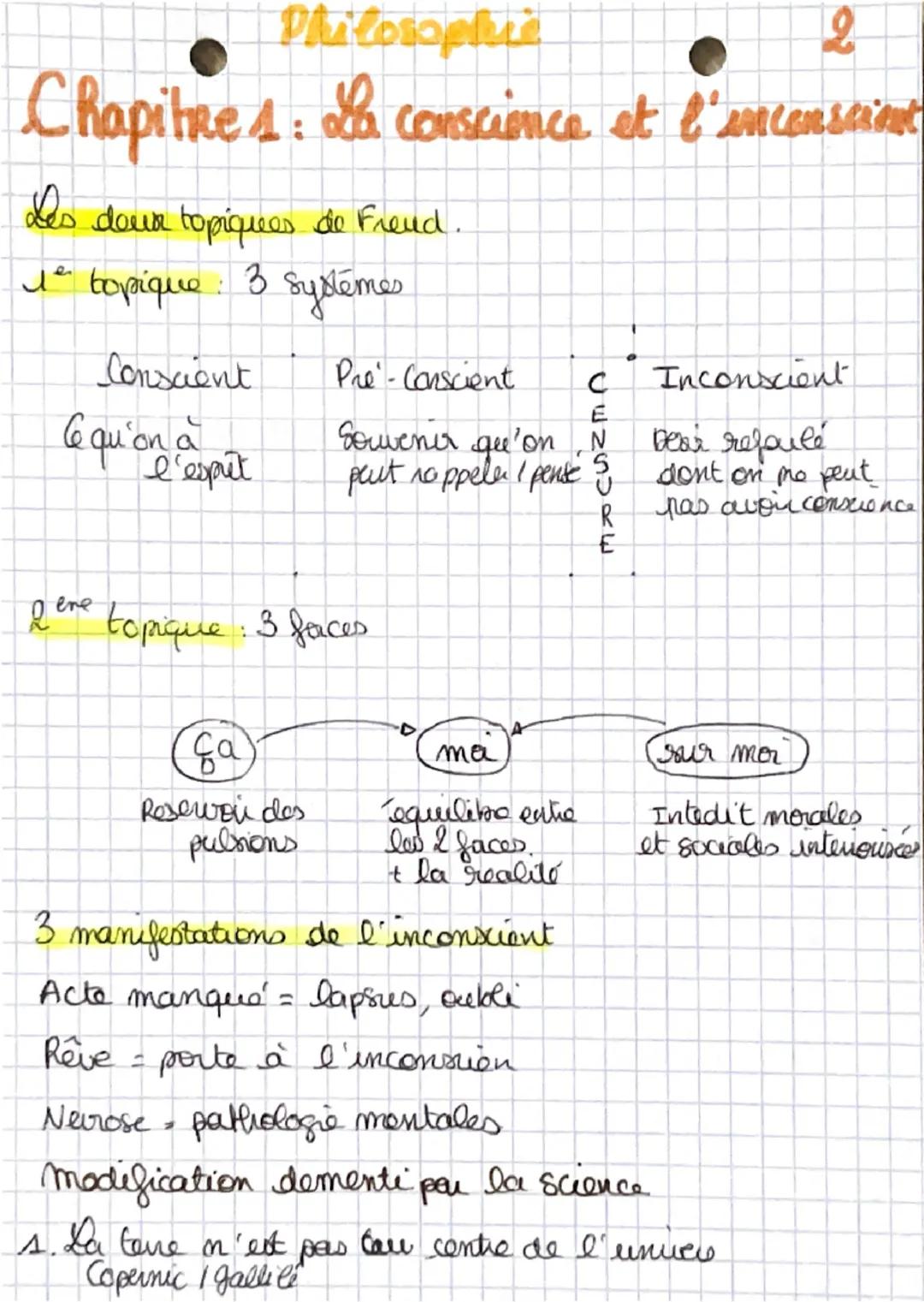 Philosophie
Chapitre 1: & conscience et
l'inconscient.
Conscience: pouvoi de representation du monde et de son
-D permet connaissance de ce 