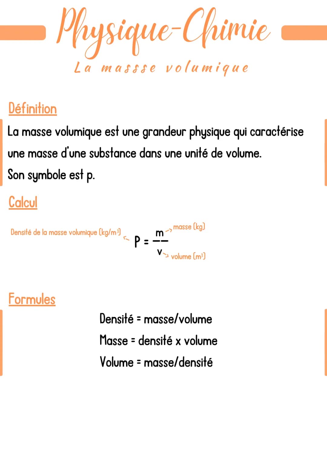 Physique-Chimie -
La massse volumique
Définition
La masse volumique est une grandeur physique qui caractérise
une masse d'une substance dans