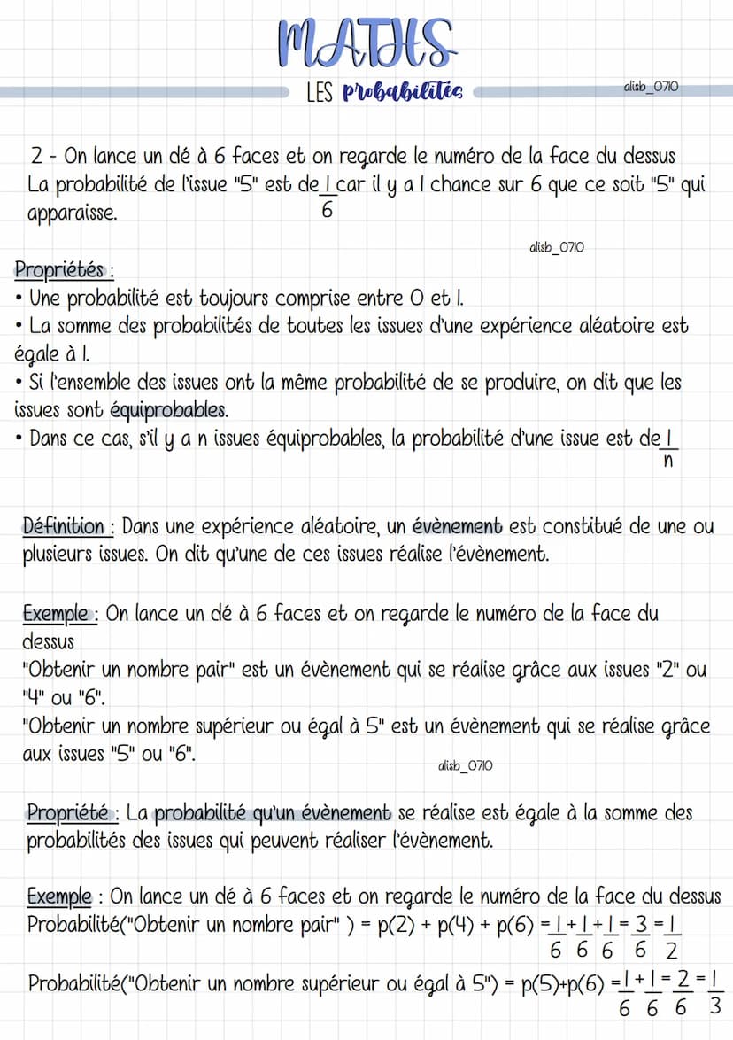 MATHS
LES probabilités
Définition : Une expérience est dite aléatoire si on ne peut pas prédire avec
certitude quel sera le résultat.
Les ré