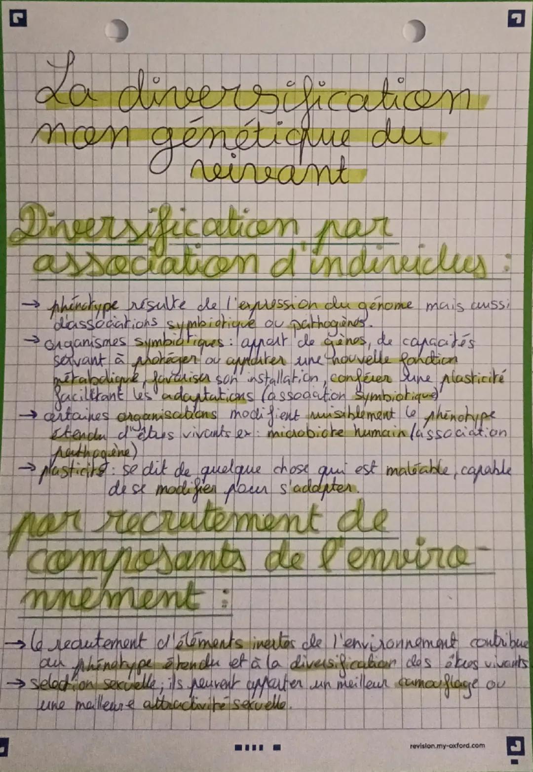 2
La diversification
1 génétique
vivant
du
Diversification par
association d'individus.
->
し
phenotype résulte de l'expression du génome mai