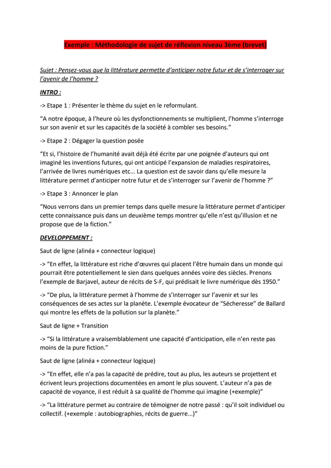 Exemple : Méthodologie de sujet de réflexion niveau 3ème (brevet)
Sujet : Pensez-vous que la littérature permette d'anticiper notre futur et