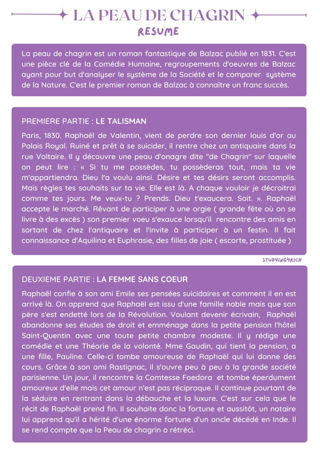 LA PEAU DE CHAGRIN
RESUME
La peau de chagrin est un roman fantastique de Balzac publié en 1831. C'est
une pièce clé de la Comédie Humaine, r
