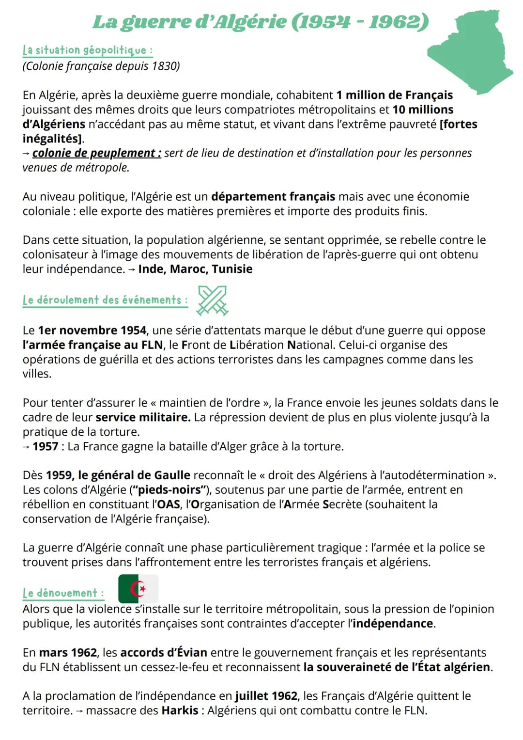 La guerre d'Algérie (1954-1962)
La situation géopolitique :
(Colonie française depuis 1830)
En Algérie, après la deuxième guerre mondiale, c