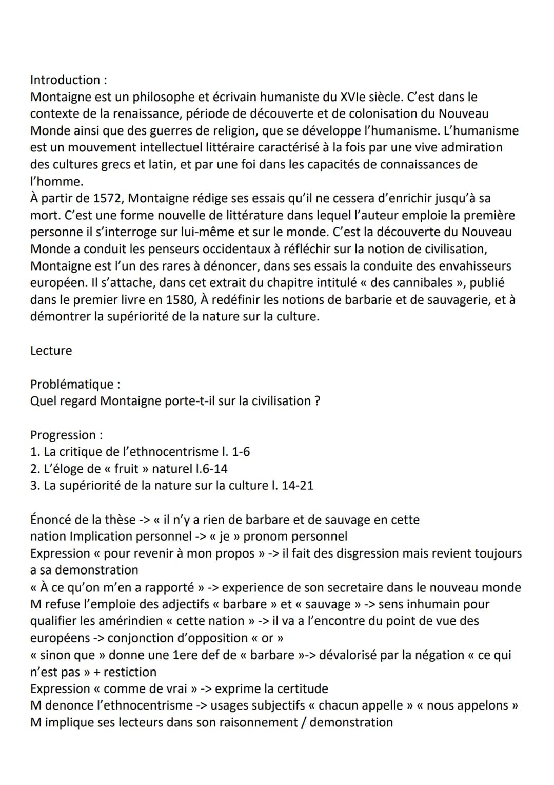Introduction :
Montaigne est un philosophe et écrivain humaniste du XVIe siècle. C'est dans le
contexte de la renaissance, période de découv