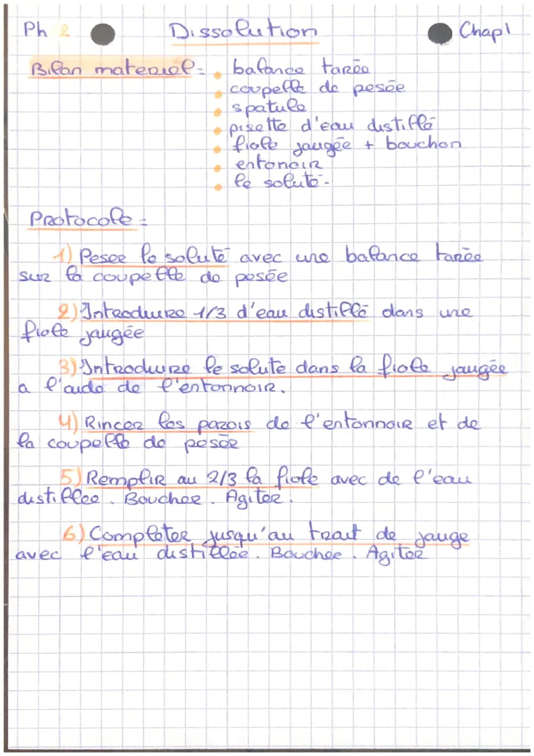 Ph 2
Dilution
Bifan materiel: pipette
Protocole =
1) Profevee la solution mère avec
pipette jaugée + poire a pipetter.
distillée
9) Verser l