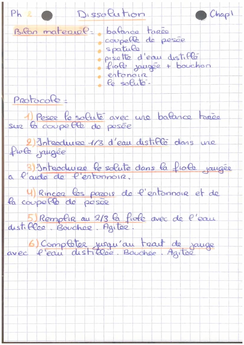 Ph 2
Dilution
Bifan materiel: pipette
Protocole =
1) Profevee la solution mère avec
pipette jaugée + poire a pipetter.
distillée
9) Verser l