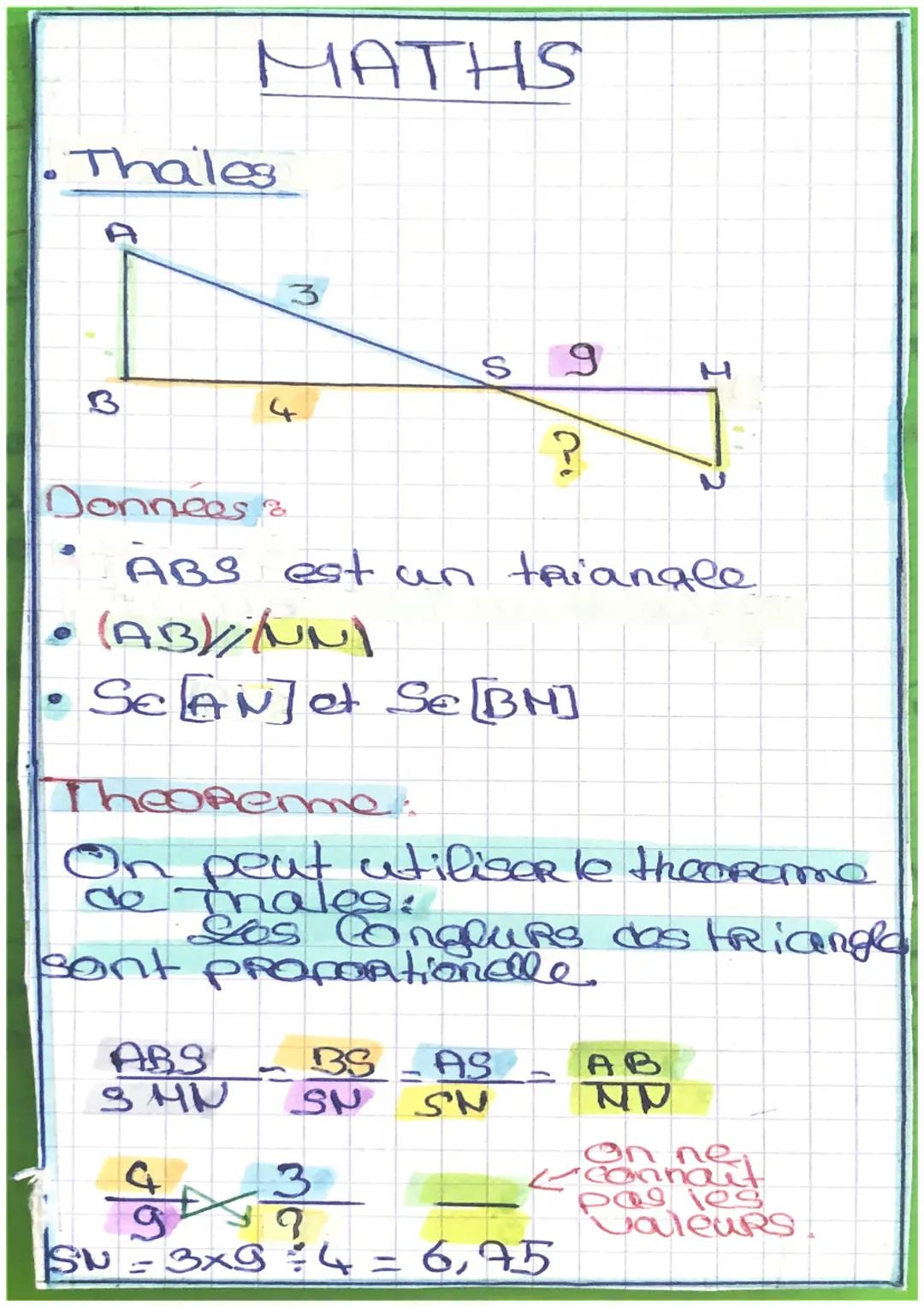 Thales
♡
MATHS
Données &
3
4
ABS
S HU
S 9
?
ABS est un triangle
(AB)/UN)
SeaNet Se [BM]
TheoReme:
On peut utiliser le theoreme
de Thales:
Lo