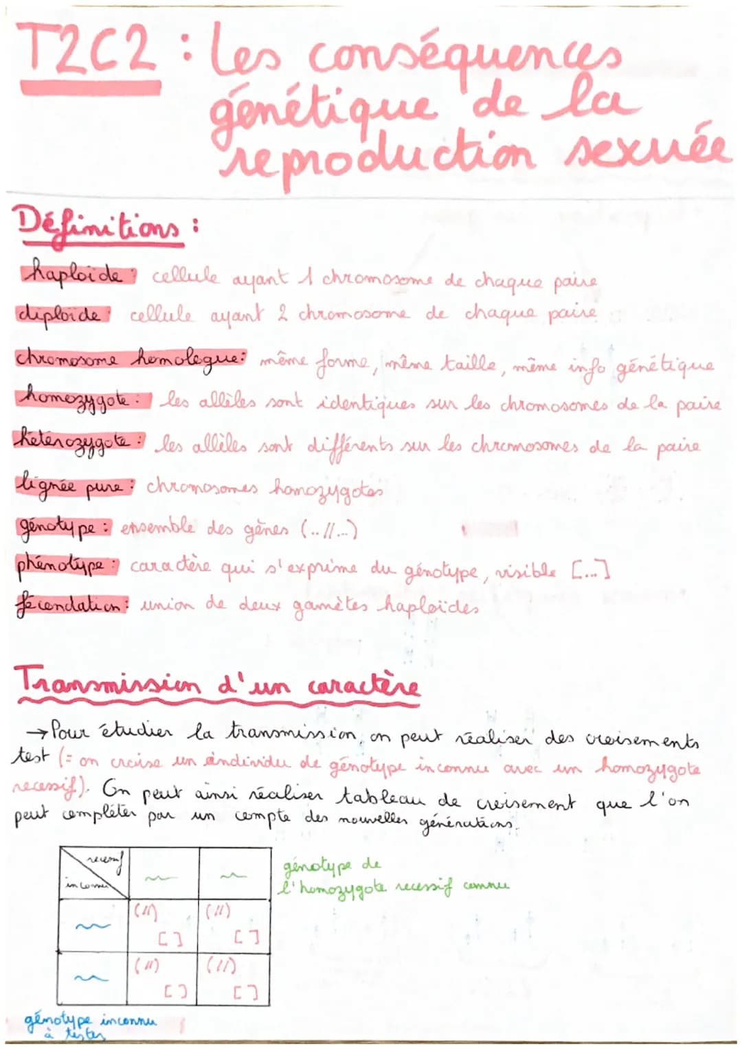 T2C2: Les conséquences
génétique de la
reproduction sexuée
Définitions
haploide cellule ayant I chromosome de chaque paire.
diploide cellule