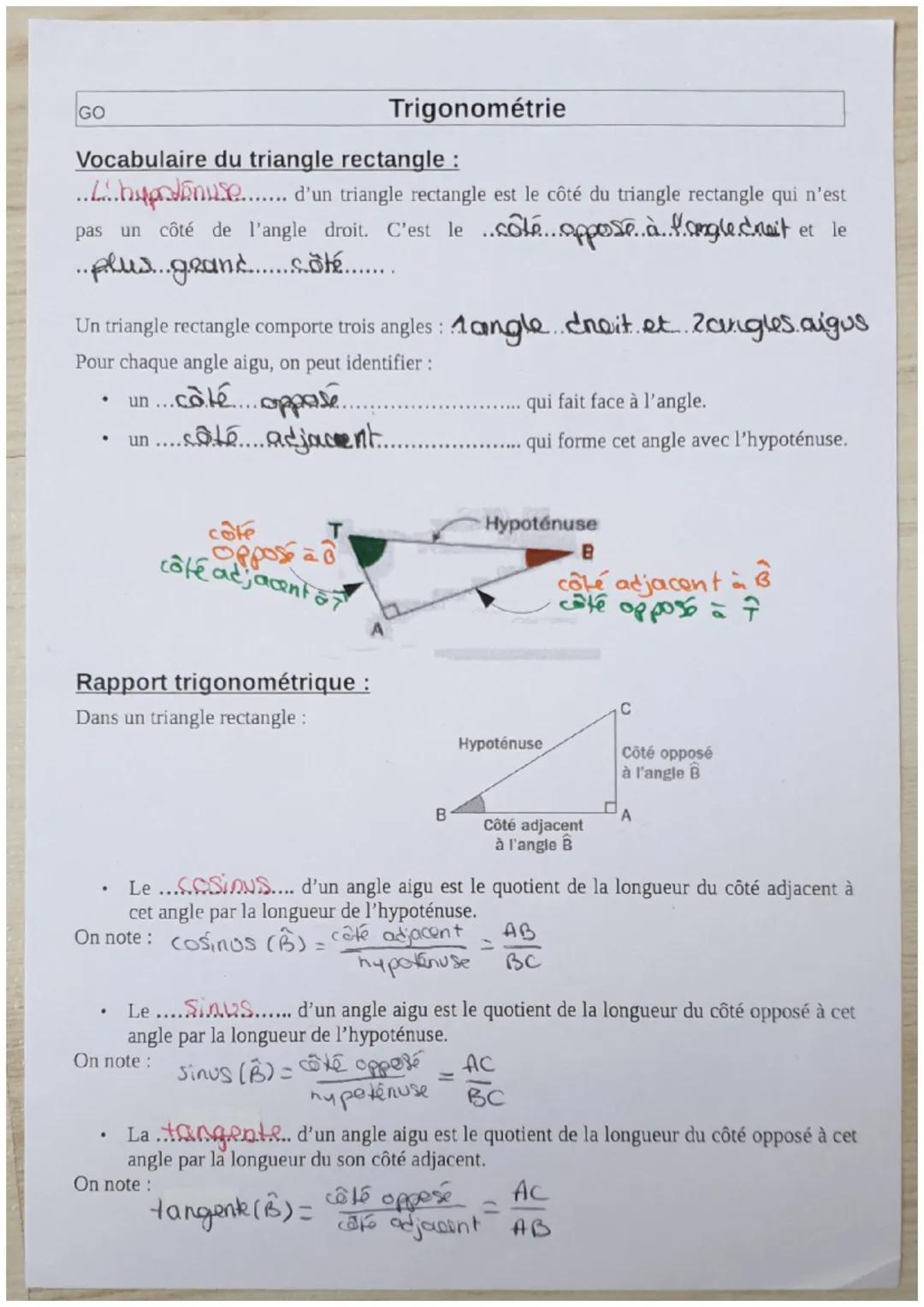 GO

Trigonométrie

Vocabulaire du triangle rectangle:
...hypotenuse....... d'un triangle rectangle est le côté du triangle rectangle qui n'e