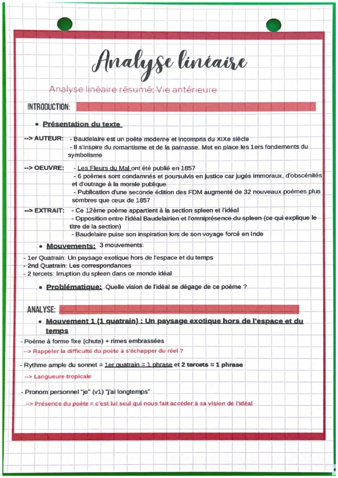 INTRODUCTION:
Analyse linéaire résumé: Vie antérieure
• Présentation du texte
-->AUTEUR:
Analyse lineaire
--> OEUVRE:
- Baudelaire est un po