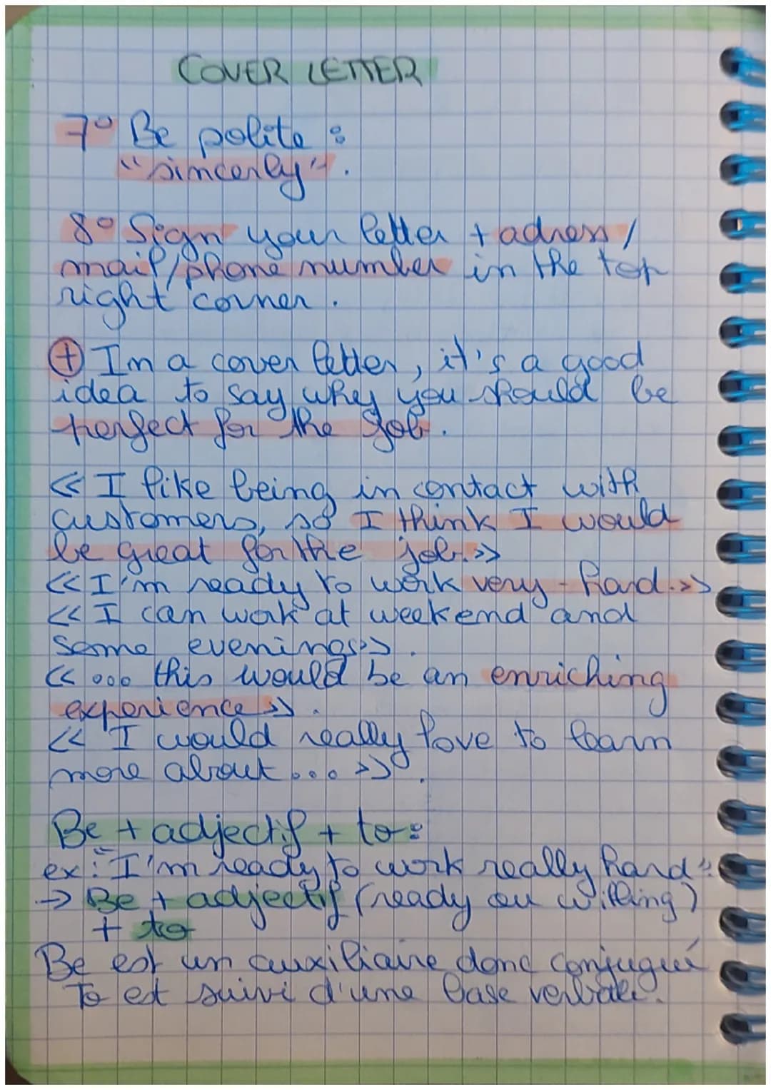Anglais
COVER LETTER
10" Dear Sir and Madam"
2° Explain why you're
- I'm writing to apply for the
job of... »
writing:
→" I'm writing in ref