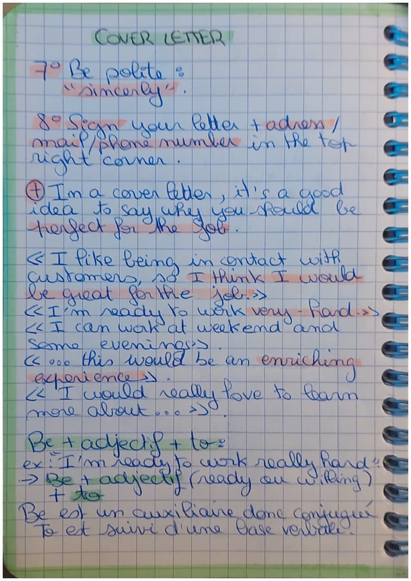 Anglais
COVER LETTER
10" Dear Sir and Madam"
2° Explain why you're
- I'm writing to apply for the
job of... »
writing:
→" I'm writing in ref