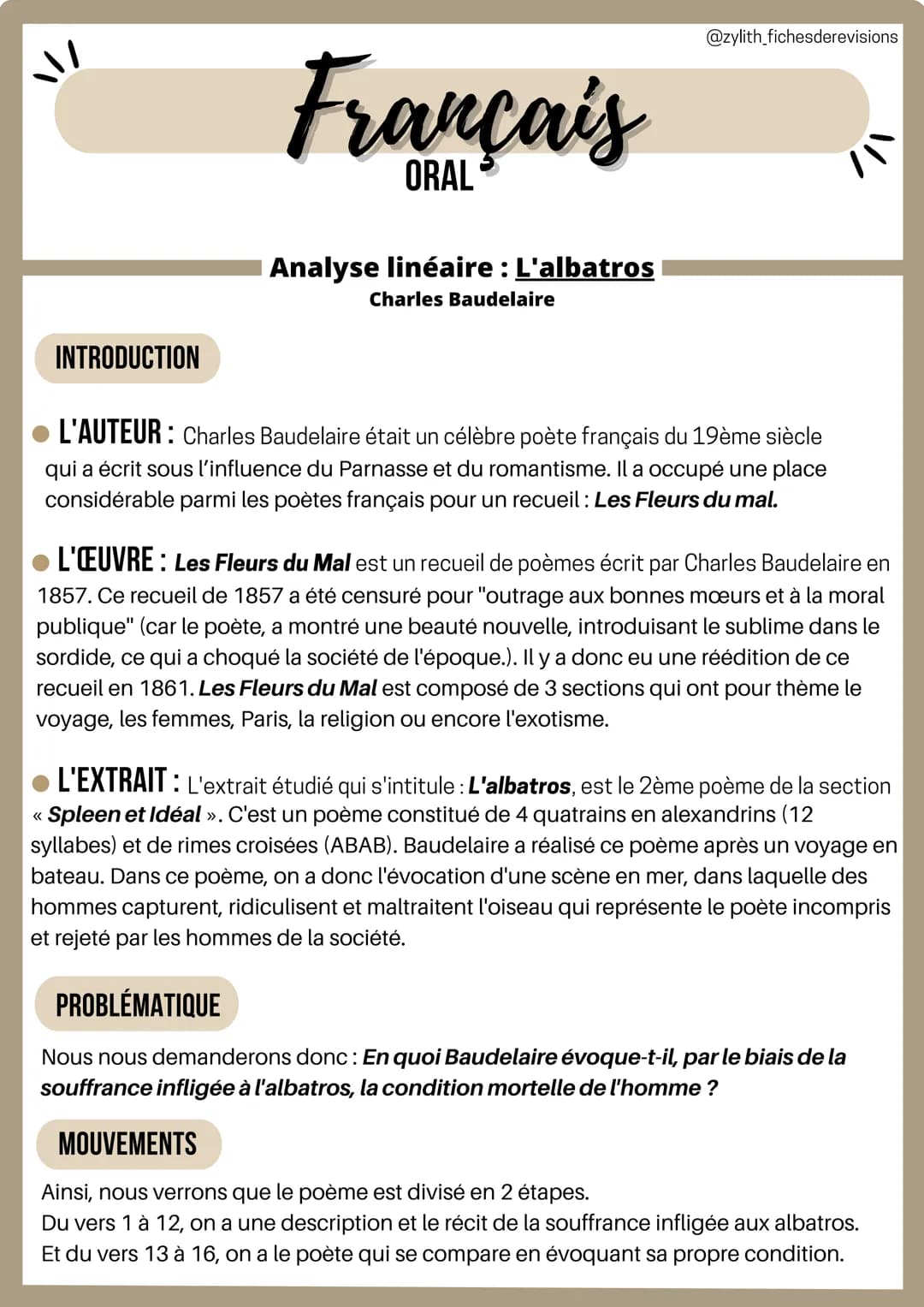 1/
INTRODUCTION
Français
Analyse linéaire : L'albatros
Charles Baudelaire
@zylith_fichesderevisions
L'AUTEUR: Charles Baudelaire était un cé