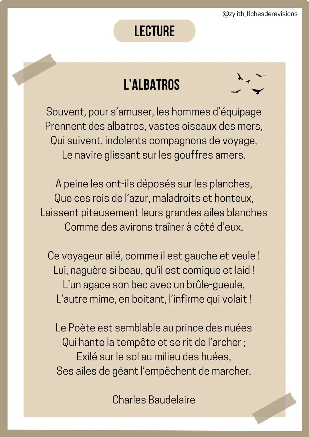 1/
INTRODUCTION
Français
Analyse linéaire : L'albatros
Charles Baudelaire
@zylith_fichesderevisions
L'AUTEUR: Charles Baudelaire était un cé