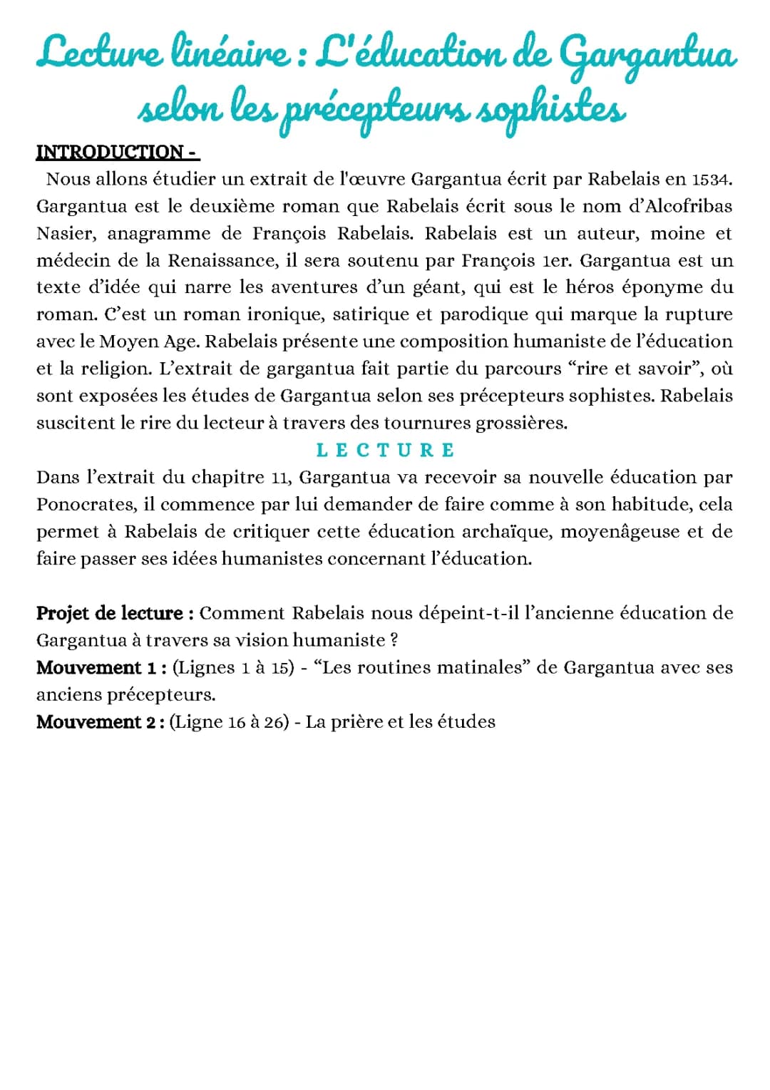 Analyse linéaire Gargantua chapitre 23: L'éducation de Gargantua par Ponocrates