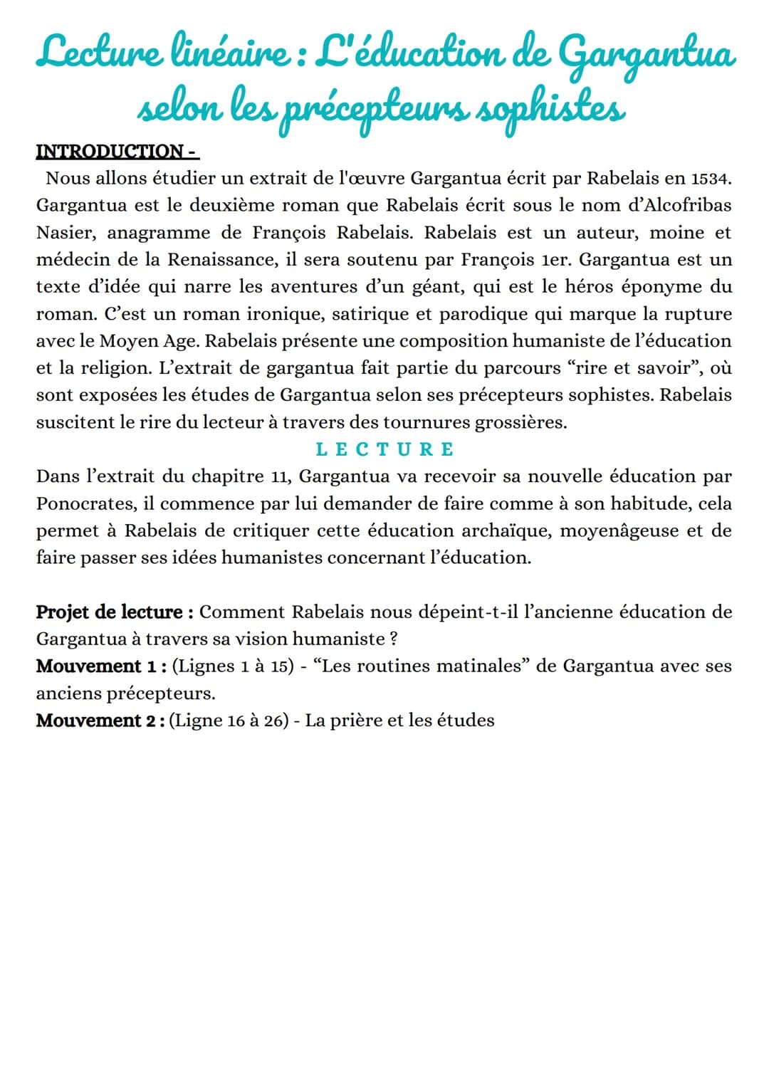 Lecture linéaire: L'éducation de Gargantua
selon les précepteurs sophistes
INTRODUCTION -
Nous allons étudier un extrait de l'œuvre Gargantu