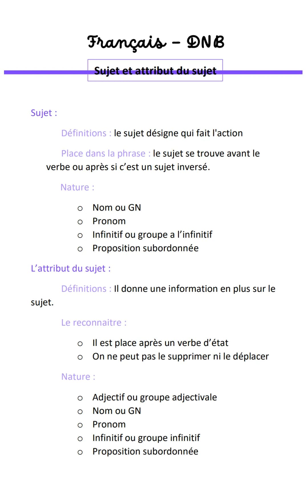 Sujet :
Définitions : le sujet désigne qui fait l'action
Place dans la phrase : le sujet se trouve avant le
verbe ou après si c'est un sujet
