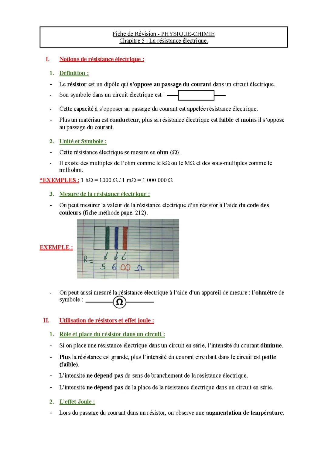 FICHE DE RÉVISION - PHYSIQUE-CHIMIE (LA RÉSISTANCE ÉLECTRIQUE)