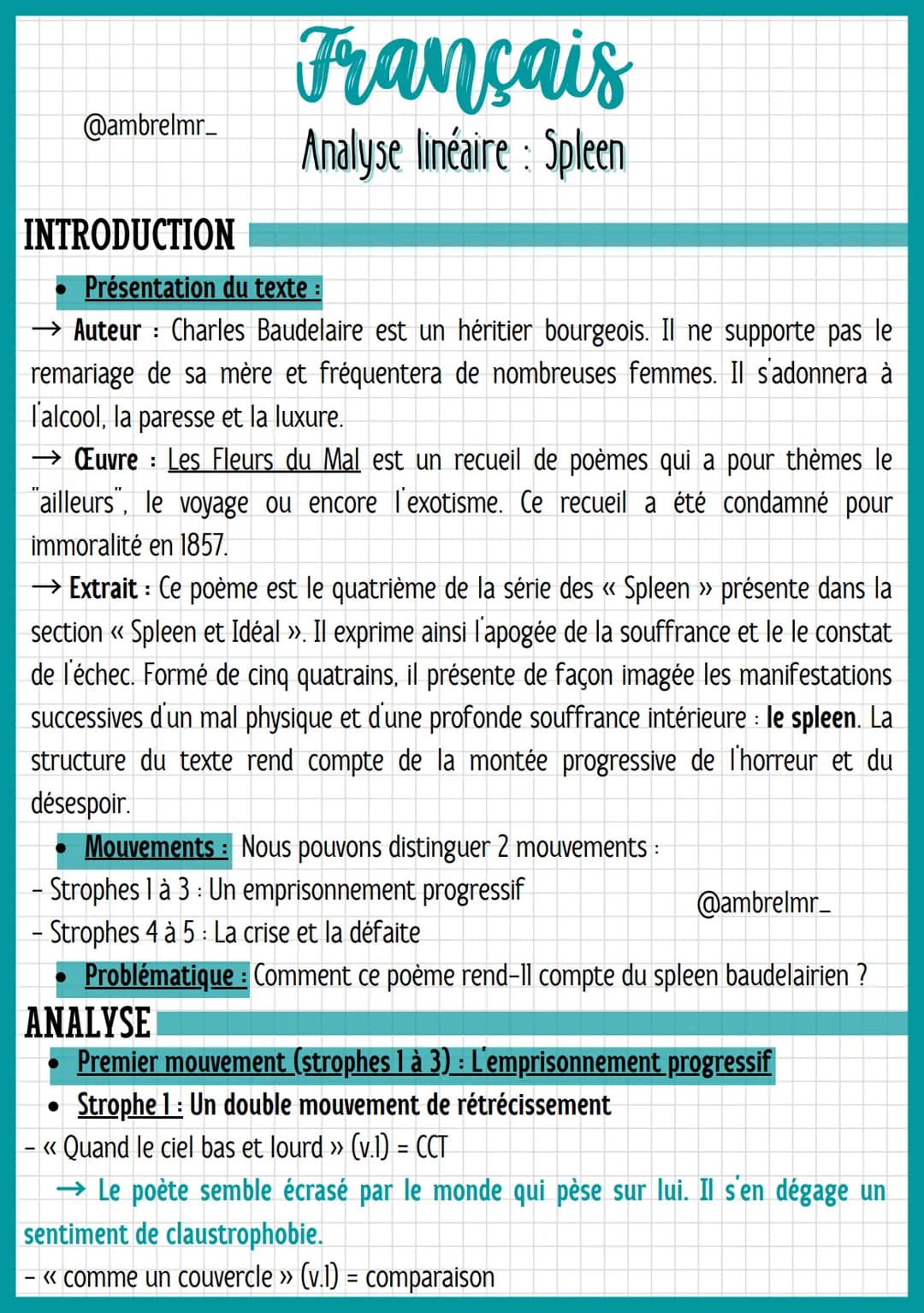 @ambrelmr_
INTRODUCTION
Français
Analyse linéaire : Spleen
Présentation du texte :
Auteur : Charles Baudelaire est un héritier bourgeois. Il