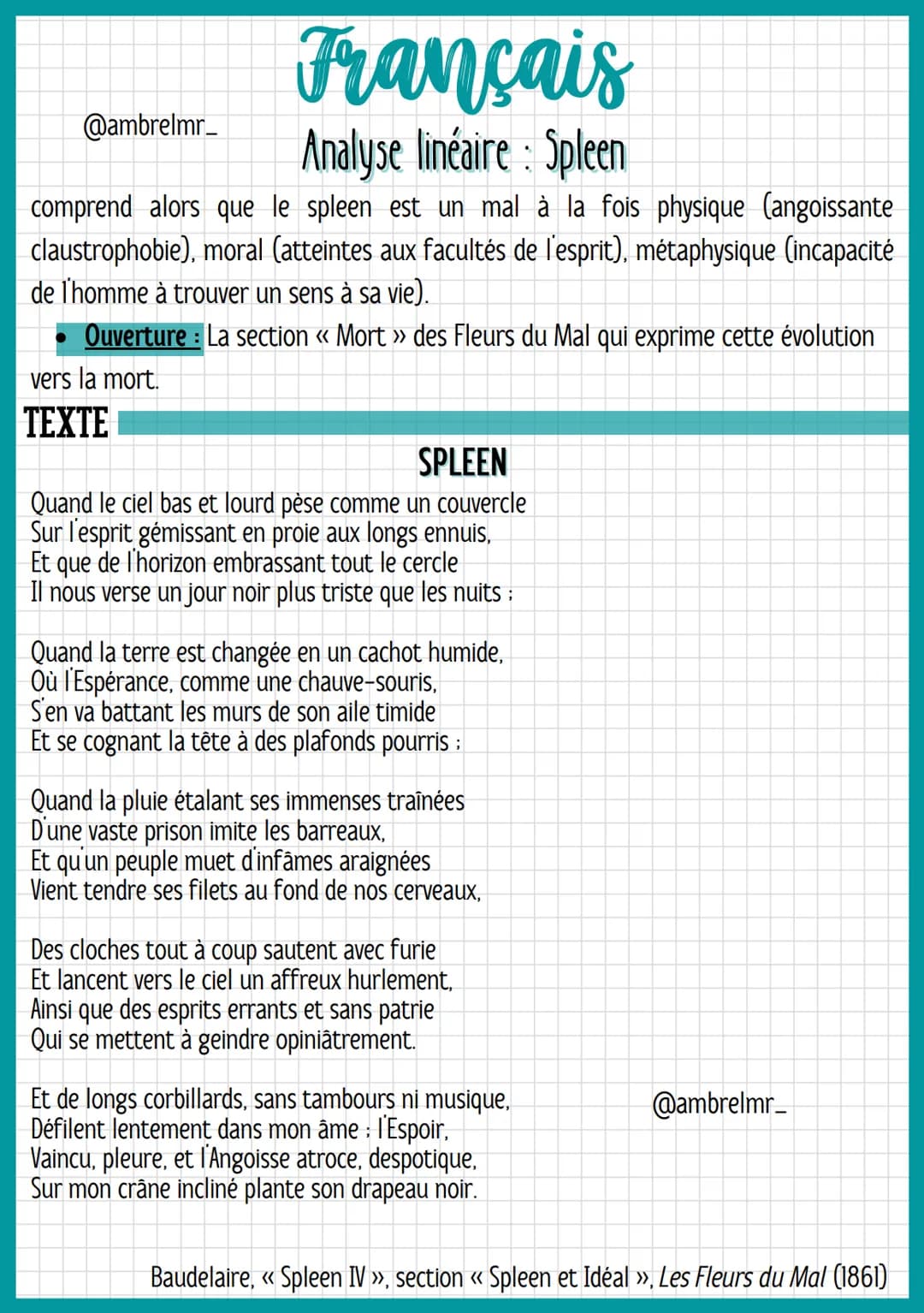 @ambrelmr_
INTRODUCTION
Français
Analyse linéaire : Spleen
Présentation du texte :
Auteur : Charles Baudelaire est un héritier bourgeois. Il