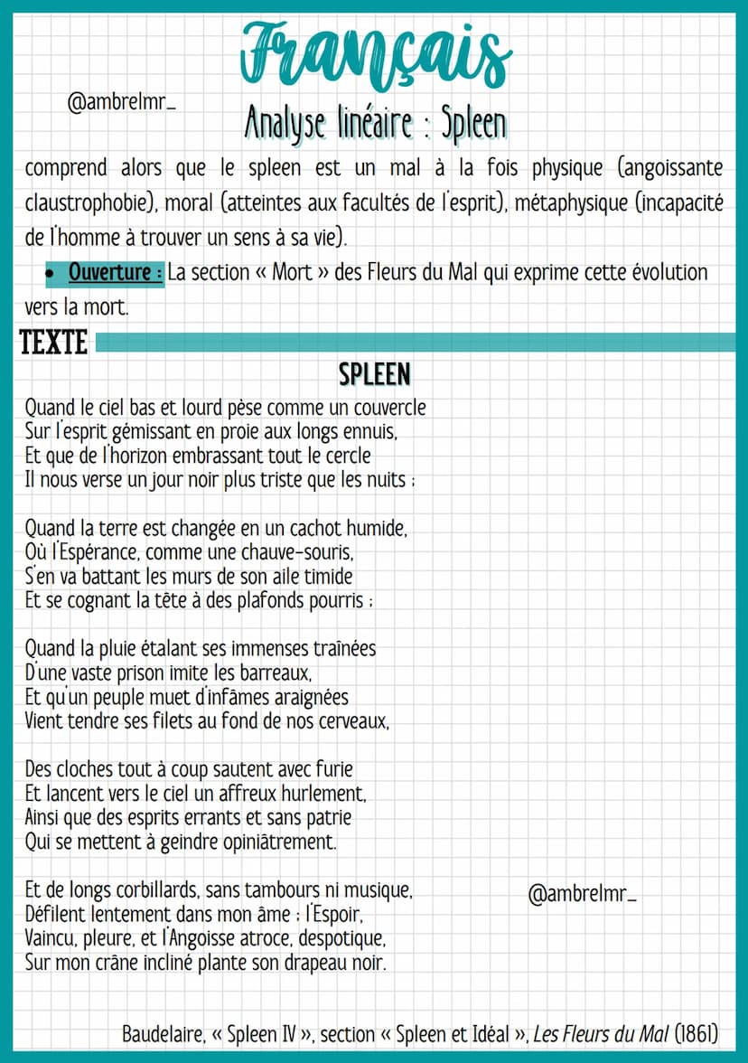 @ambrelmr_
INTRODUCTION
Français
Analyse linéaire : Spleen
Présentation du texte :
Auteur : Charles Baudelaire est un héritier bourgeois. Il