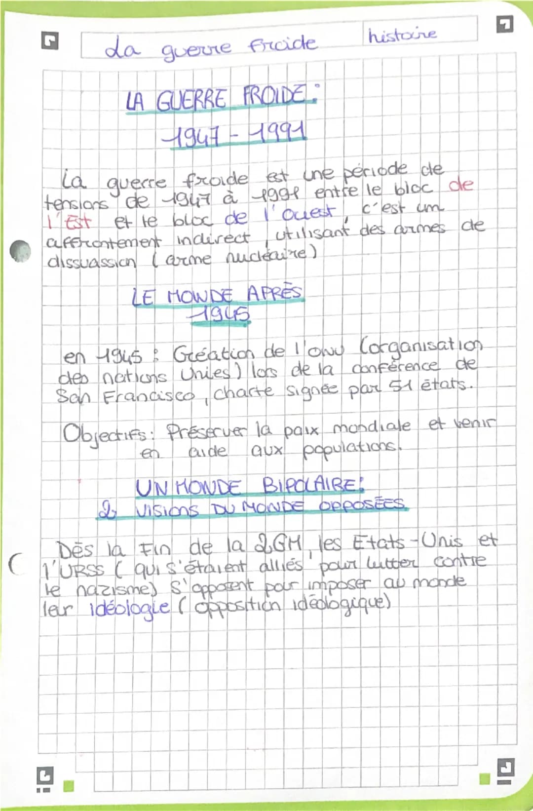 da
guerre froide
histoire
La
LA GUERRE FROIDE
1947-4991
9
querre froide est une periode de
tensions de 1947 à 1991 entre le bloc de
l'Est et