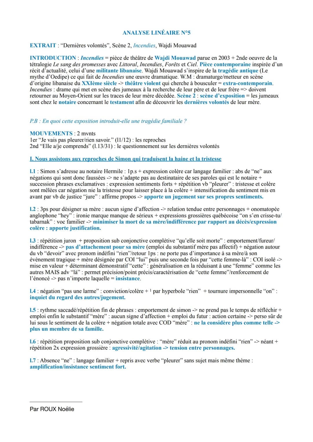 ANALYSE LINÉAIRE N°5
EXTRAIT : "Dernières volontés", Scène 2, Incendies, Wajdi Mouawad
INTRODUCTION : Incendies = pièce de théâtre de Wajdi 