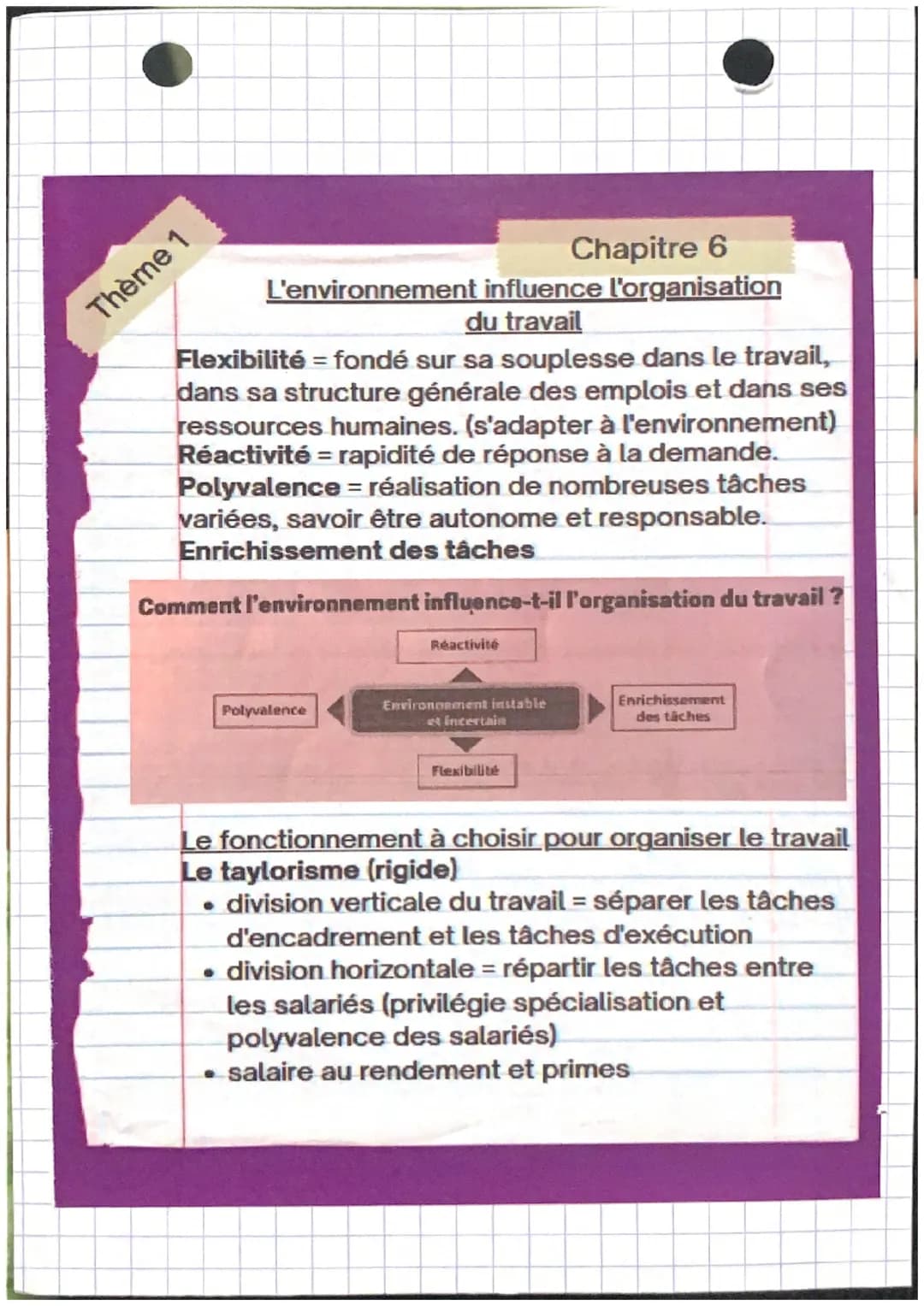 Thème 1
Chapitre 6
L'environnement influence l'organisation
du travail
Flexibilité = fondé sur sa souplesse dans le travail,
dans sa structu