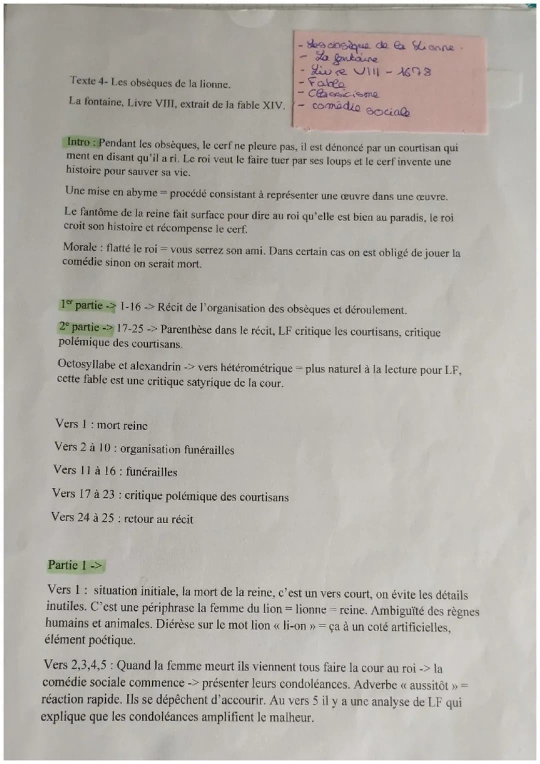 Texte 4- Les obsèques de la lionne.
La fontaine, Livre VIII, extrait de la fable XIV.
• Les cosique de la Lionne.
La fontaine
Livre VIII
- F