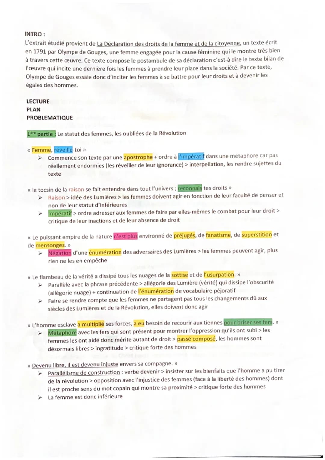 Fiche de révision Olympe de Gouges texte 3
POSTAMBULE.
[Femme, réveille-toi; le tocsin de la raison se fait entendre dans tout l'univers ; r