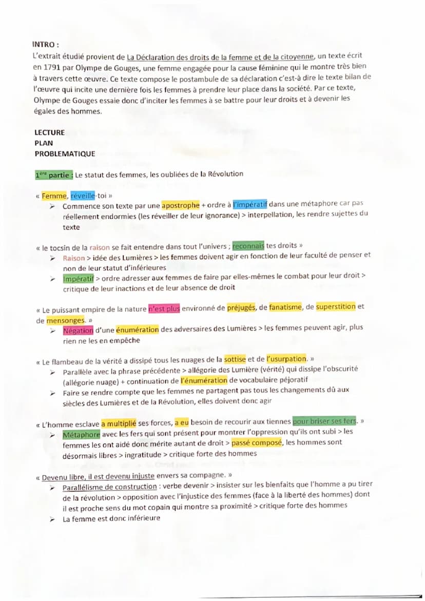 Fiche de révision Olympe de Gouges texte 3
POSTAMBULE.
[Femme, réveille-toi; le tocsin de la raison se fait entendre dans tout l'univers ; r