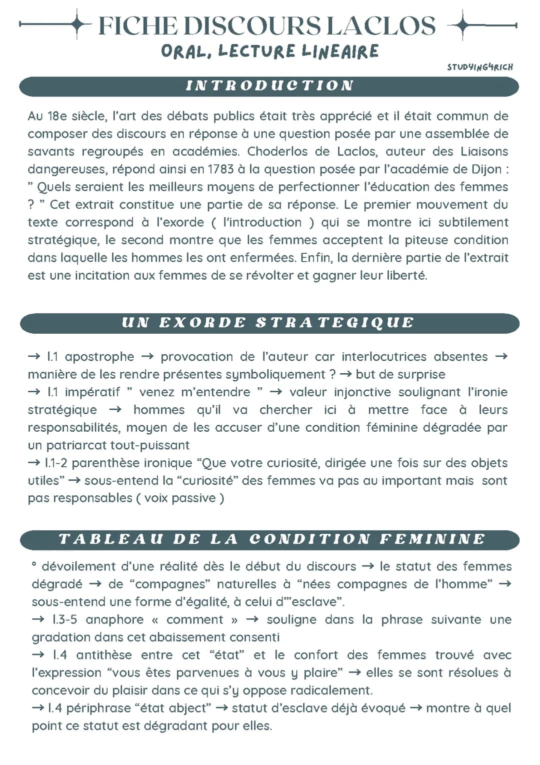 Discours éducation des femmes Laclos 