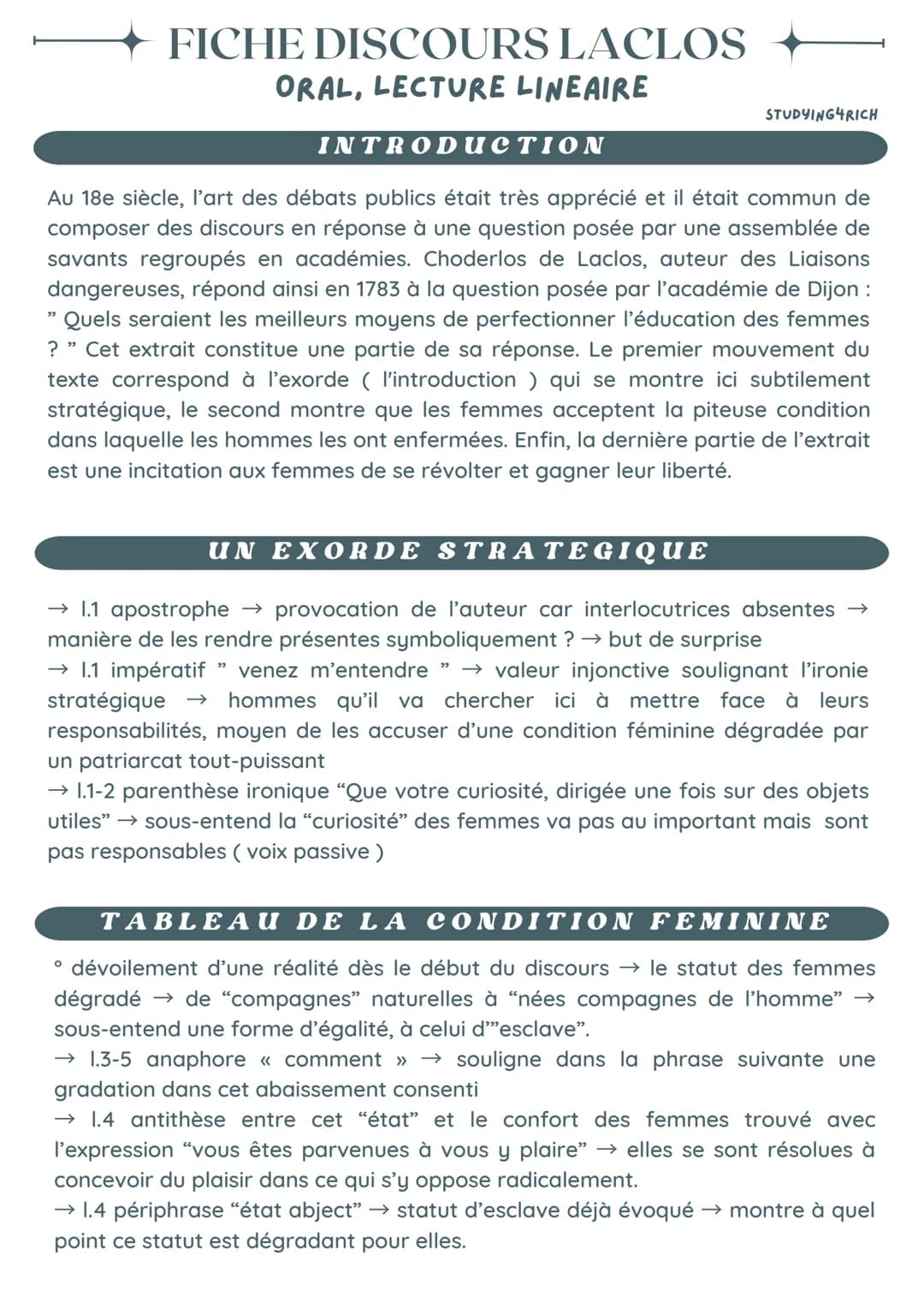 FICHE DISCOURS LACLOS
ORAL, LECTURE LINEAIRE
22
STUDYING4RICH
INTRODUCTION
Au 18e siècle, l'art des débats publics était très apprécié et il