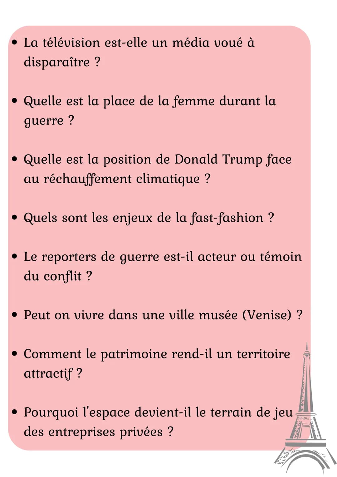Série générale
14 sujets pour le Grand Oral
en HGGSP • La télévision est-elle un média voué à
disparaître ?
Quelle est la place de la femme 
